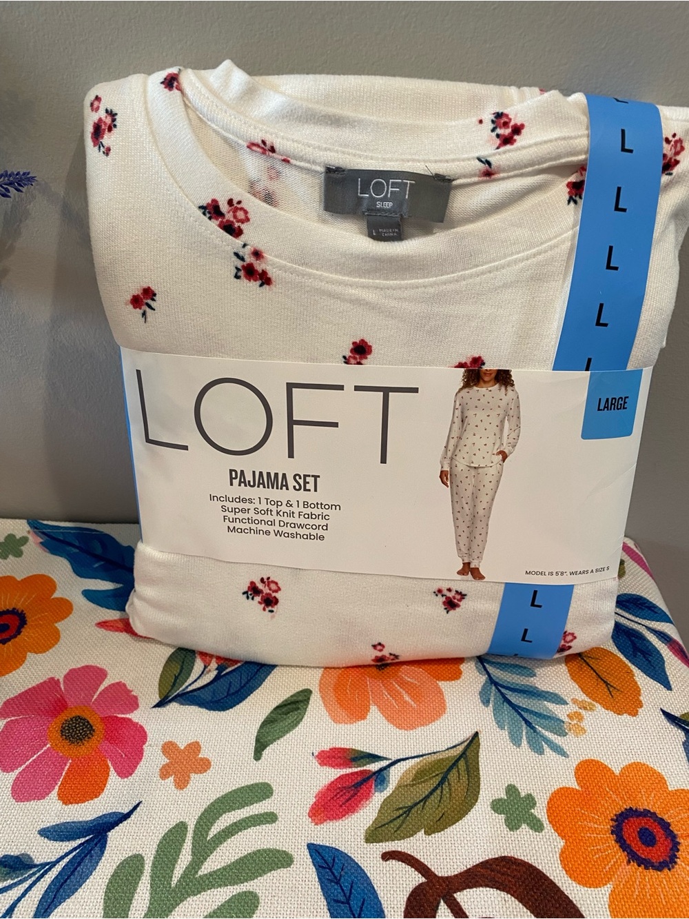 LOFT White Pajama Set with Pink and Red Floral Print